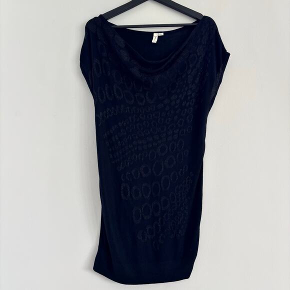 Tricot Joli Black Knit Tunic Shimmer Leopard Print Black Cowl Neck Size Large - Picture 7 of 9